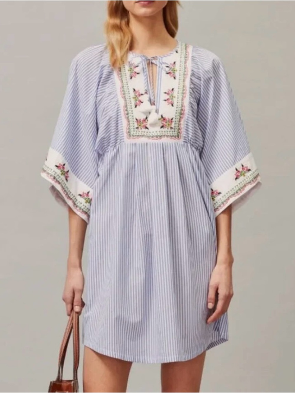 Tory Burch Striped Embroidered Tunic Mini Dress XS Blue White Tassel